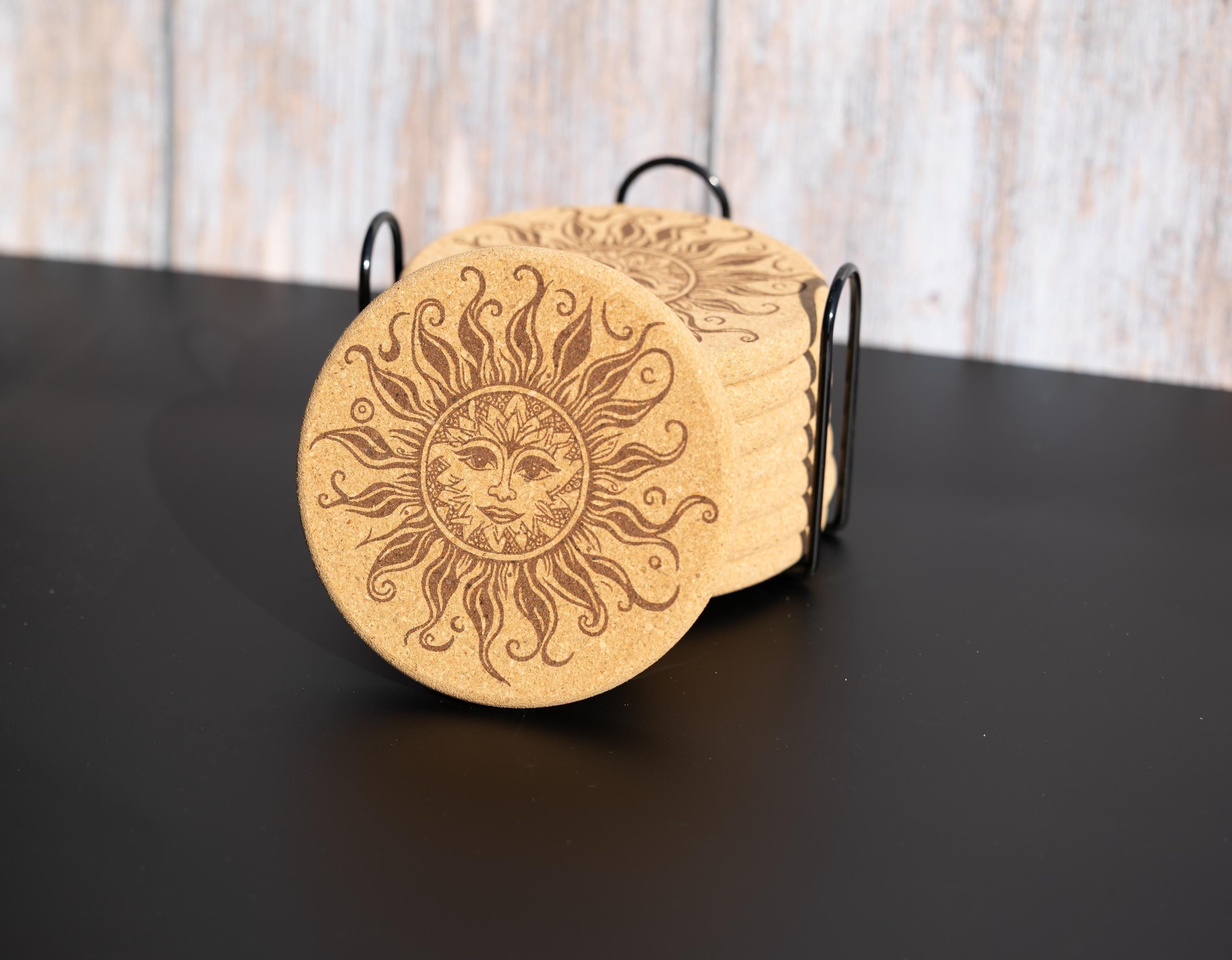 Sun Cork Coasters - Set of 8 Laser Engraved Boho Rustic Drink Mats with Holder