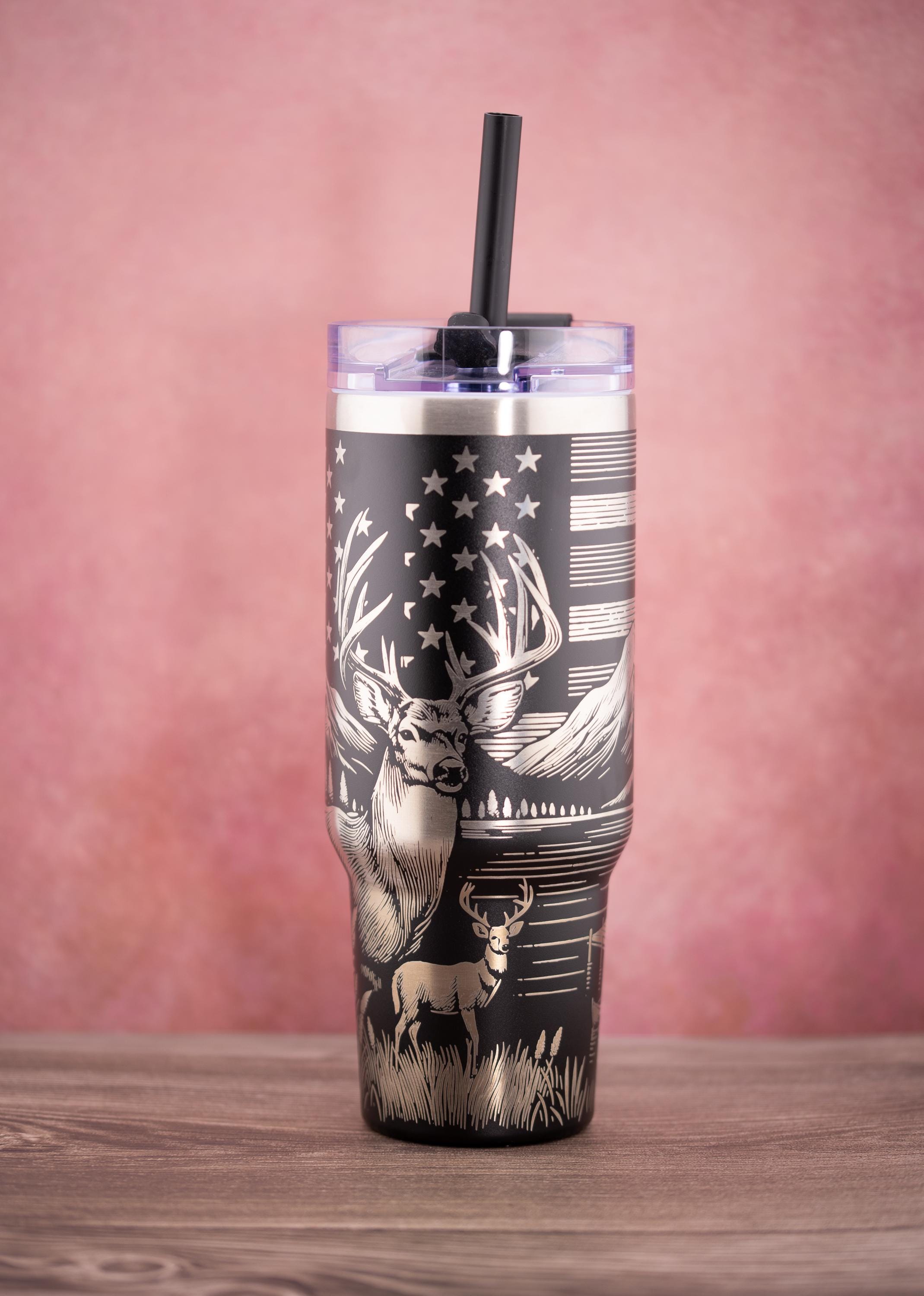 40oz Insulated Tumbler - Laser Engraved Buck And Flag Design | Stainless Steel Cup