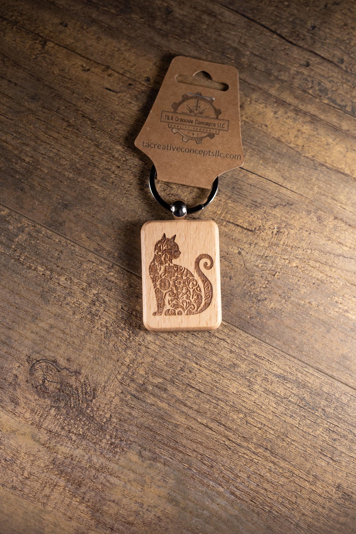 Cat Keychain – Handmade Hardwood Bag Charm with Laser Engraved Wood Design
