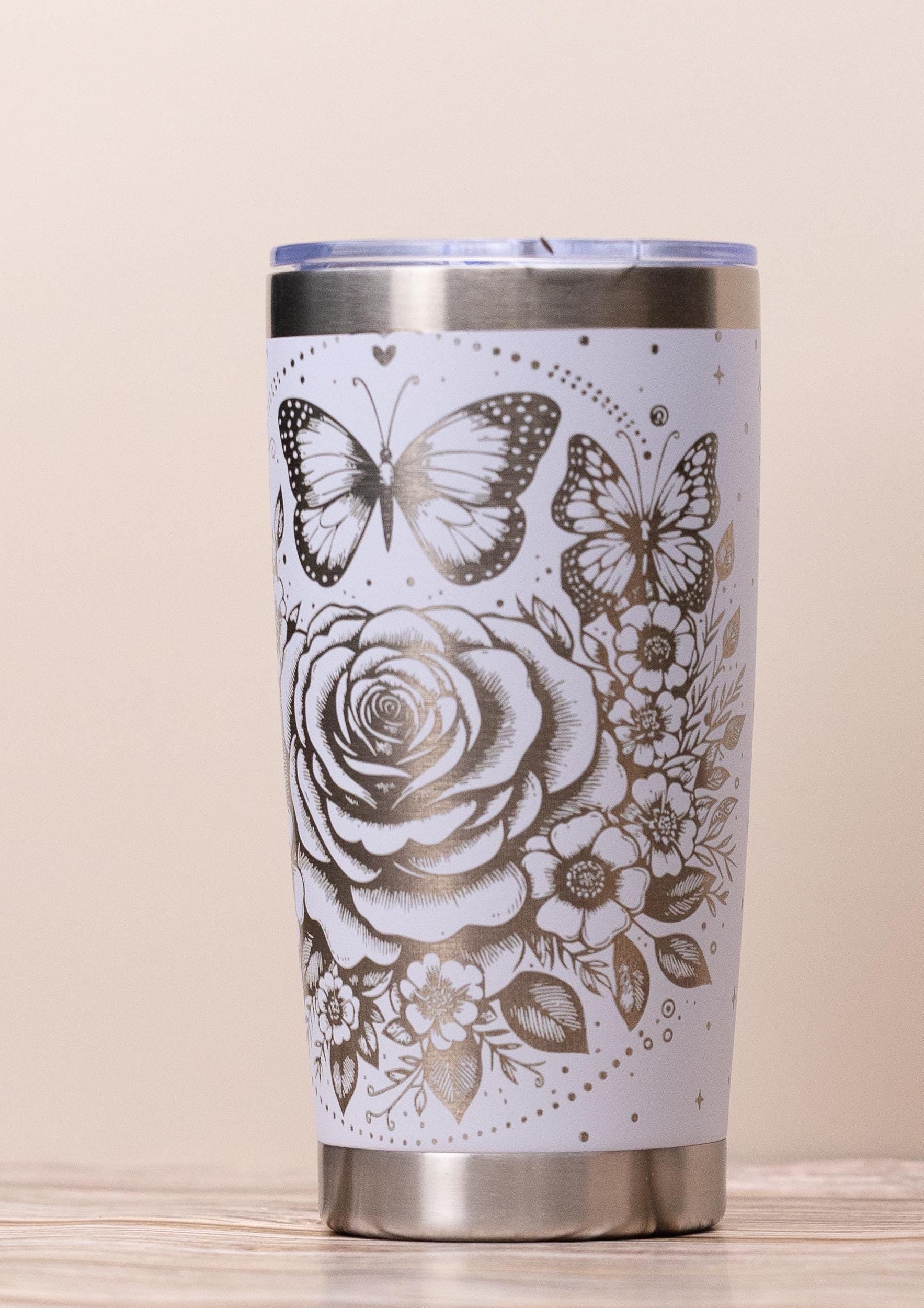 Stainless Steel Tumbler - 20oz Insulated Drinkware With Elegant Rose & Butterfly Wrap
