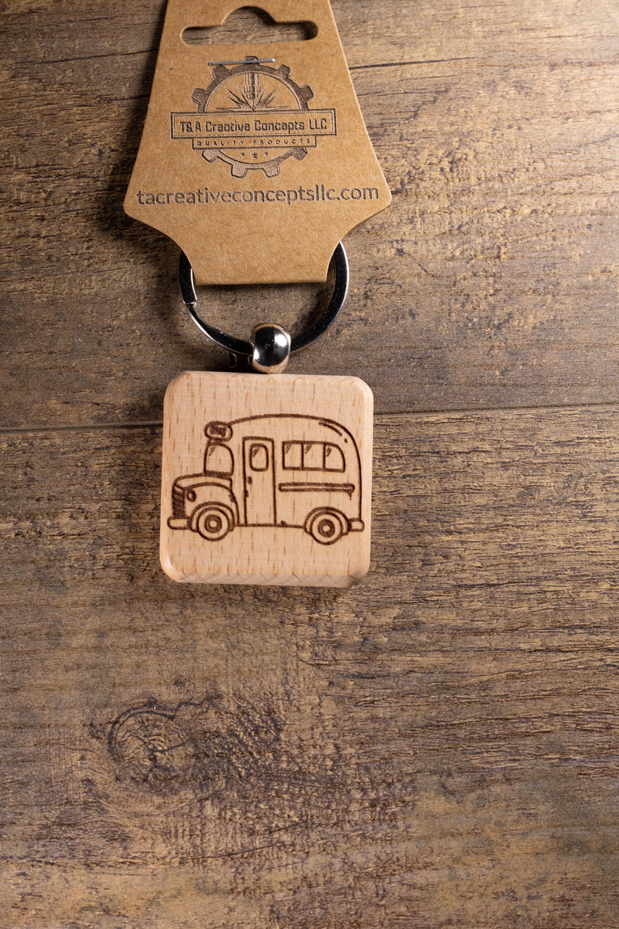 School Bus Keychain - Handmade Solid Wood Charm With Stainless Steel Ring
