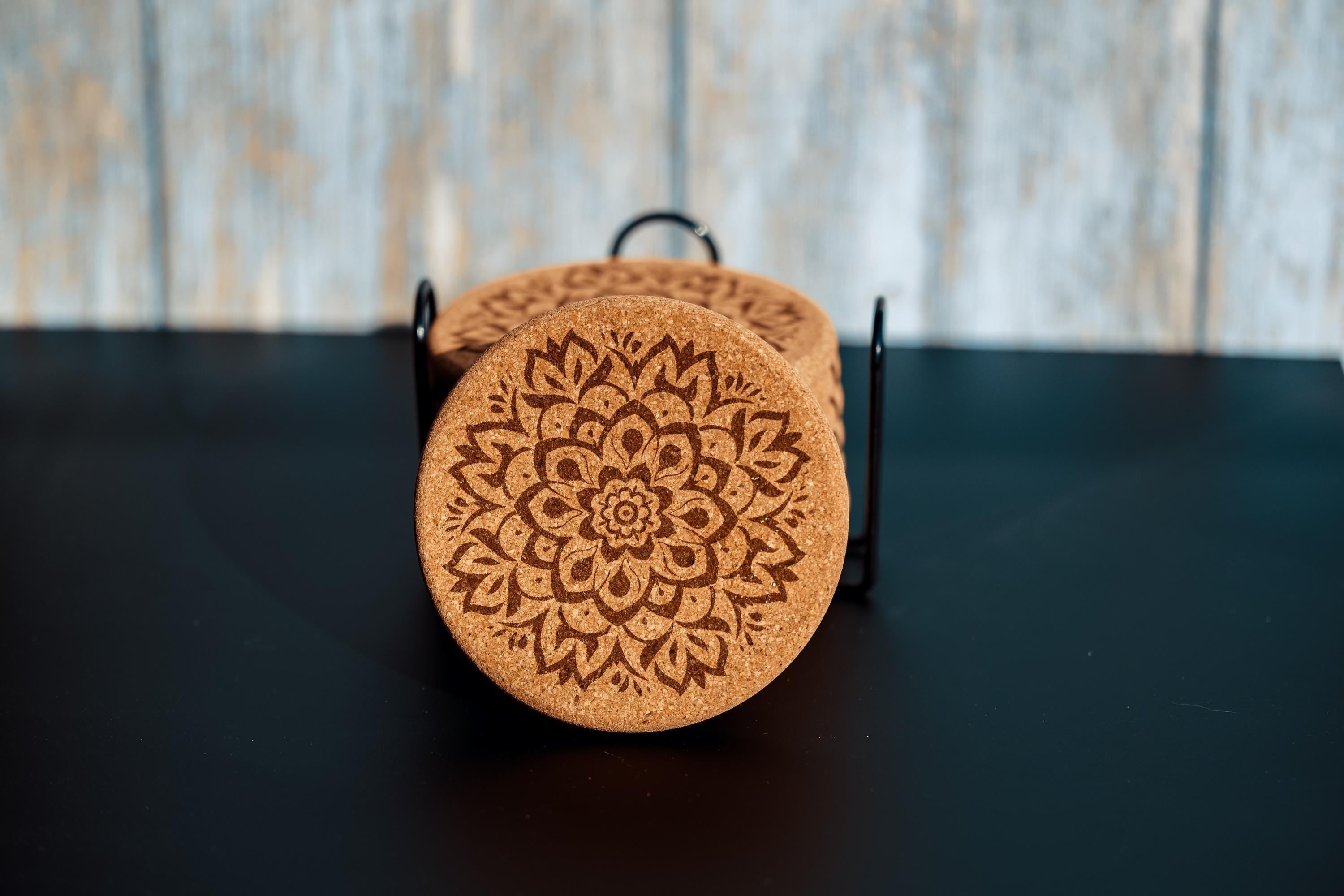 Mandala Cork Coasters Set - Laser Engraved Coaster Set With Holder | Boho Decor