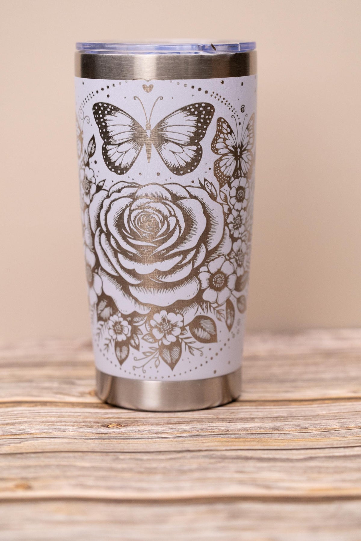 Stainless Steel Tumbler - 20oz Insulated Drinkware With Elegant Rose & Butterfly Wrap