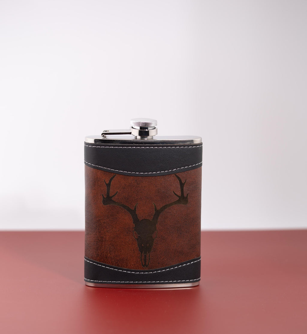 Leather Flask – 8oz Stainless Steel Travel Flask with Gothic Deer Skull Design