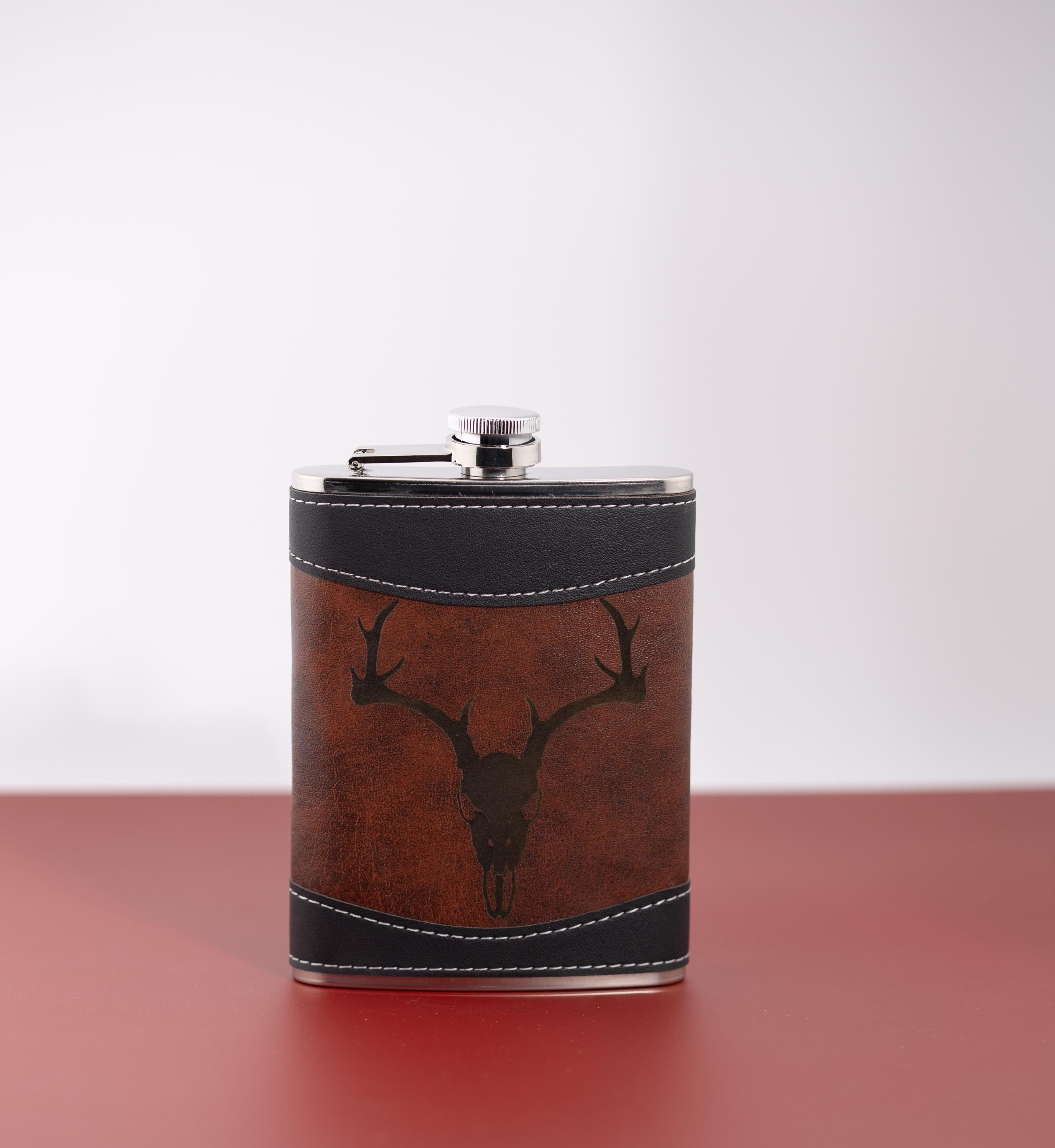 Leather Flask – 8oz Stainless Steel Travel Flask with Gothic Deer Skull Design