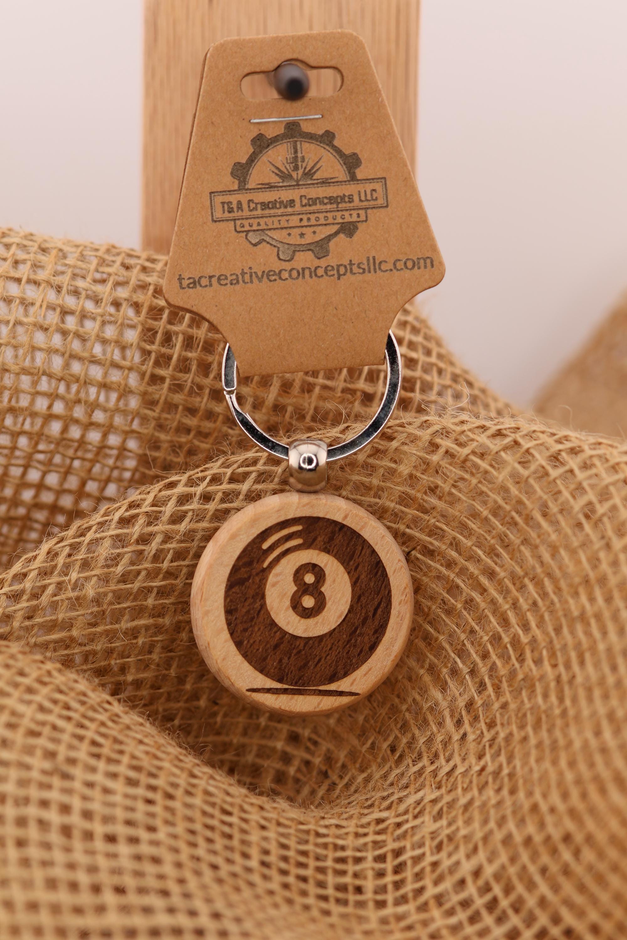 8 Ball Keychain – Laser Engraved Hardwood With Stainless Steel Ring, Game Themed Collectible