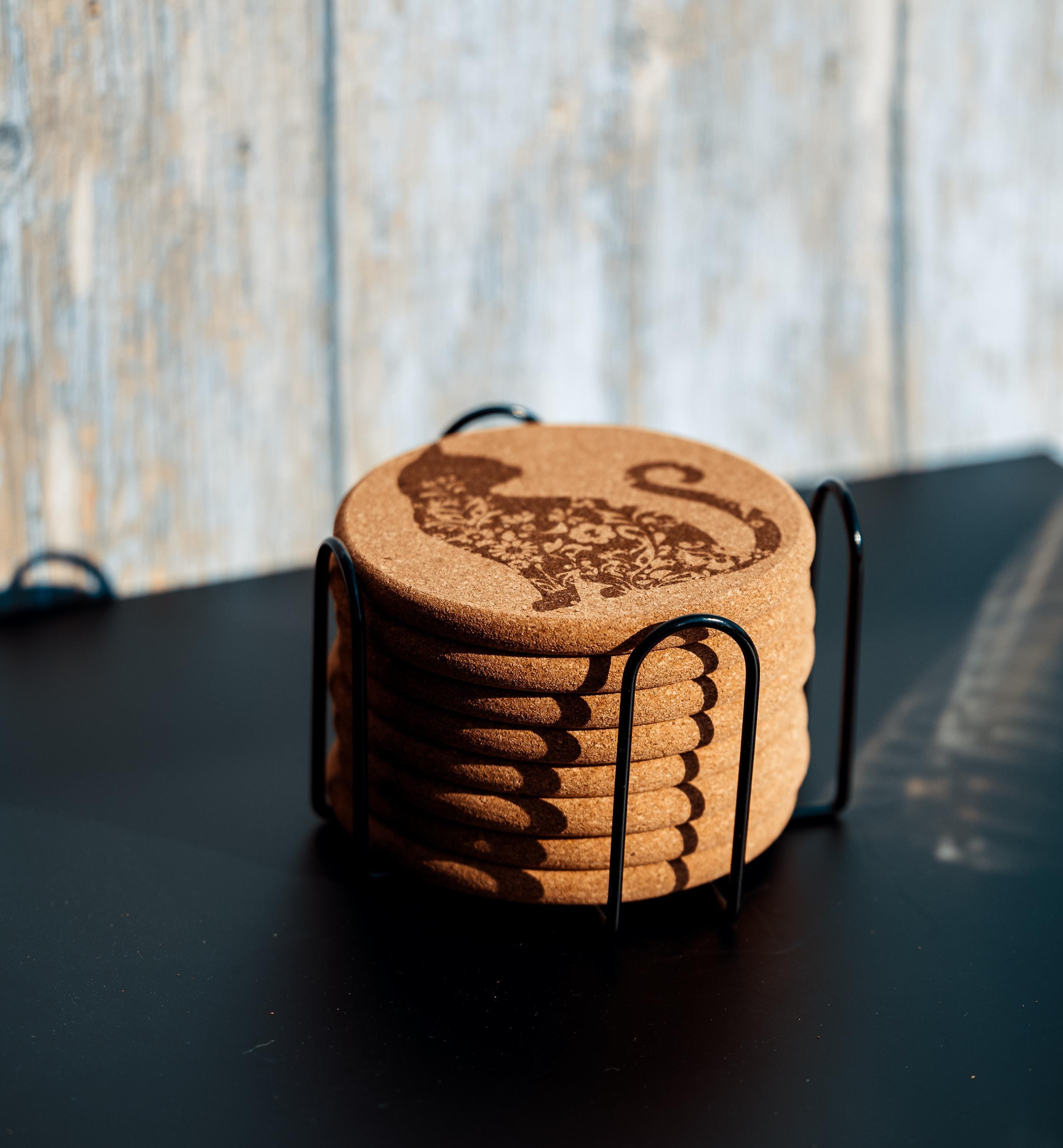 Cat Cork Coasters – Laser Engraved Coaster Set 8 with Matching Holder