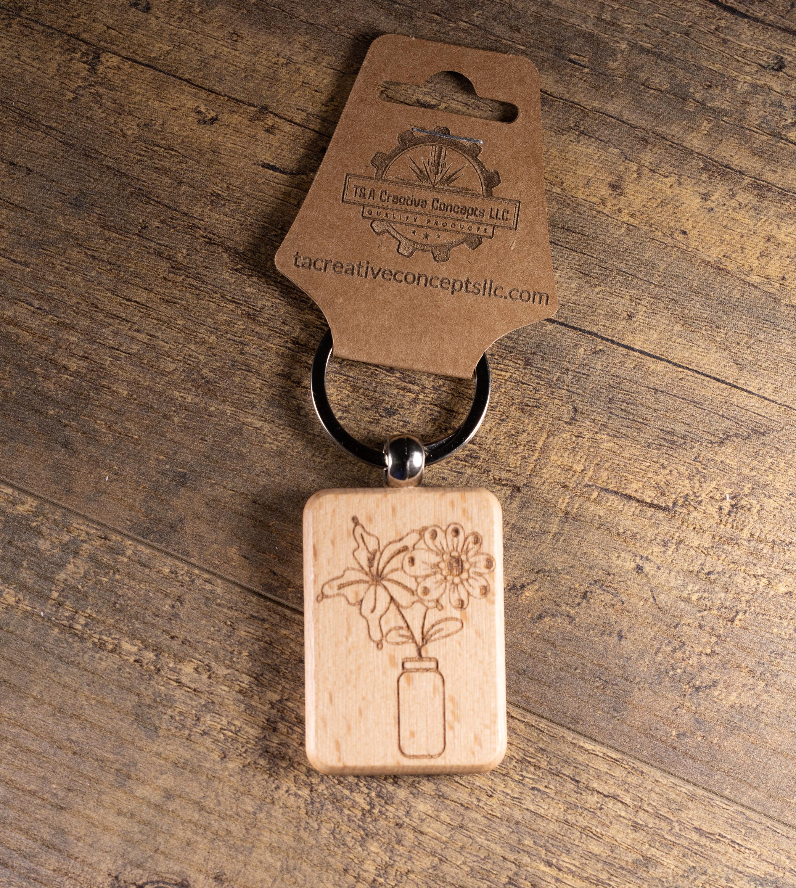 Wood Keychain - Laser Engraved Floral Vase Hardwood Bag Charm with Stainless Steel Ring