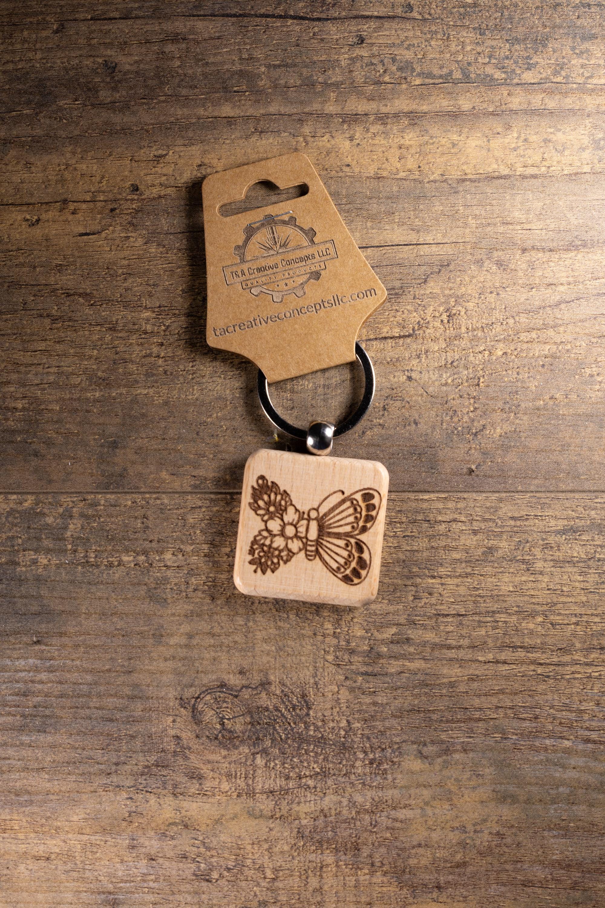 Butterfly Keychain - Laser Engraved Solid Hardwood Charm With Floral Design
