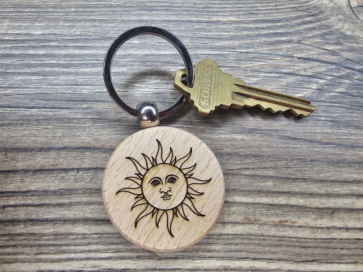 Mystical Sun Keychain - Double Sided Laser Engraved Hardwood Accessory