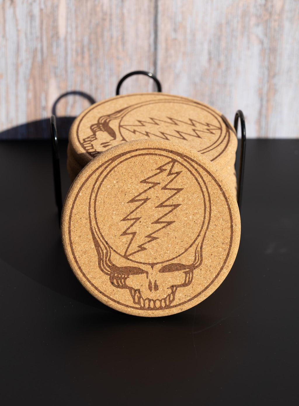 Grateful Dead Coasters – Natural Cork Set with Steal Your Face Design & Holder