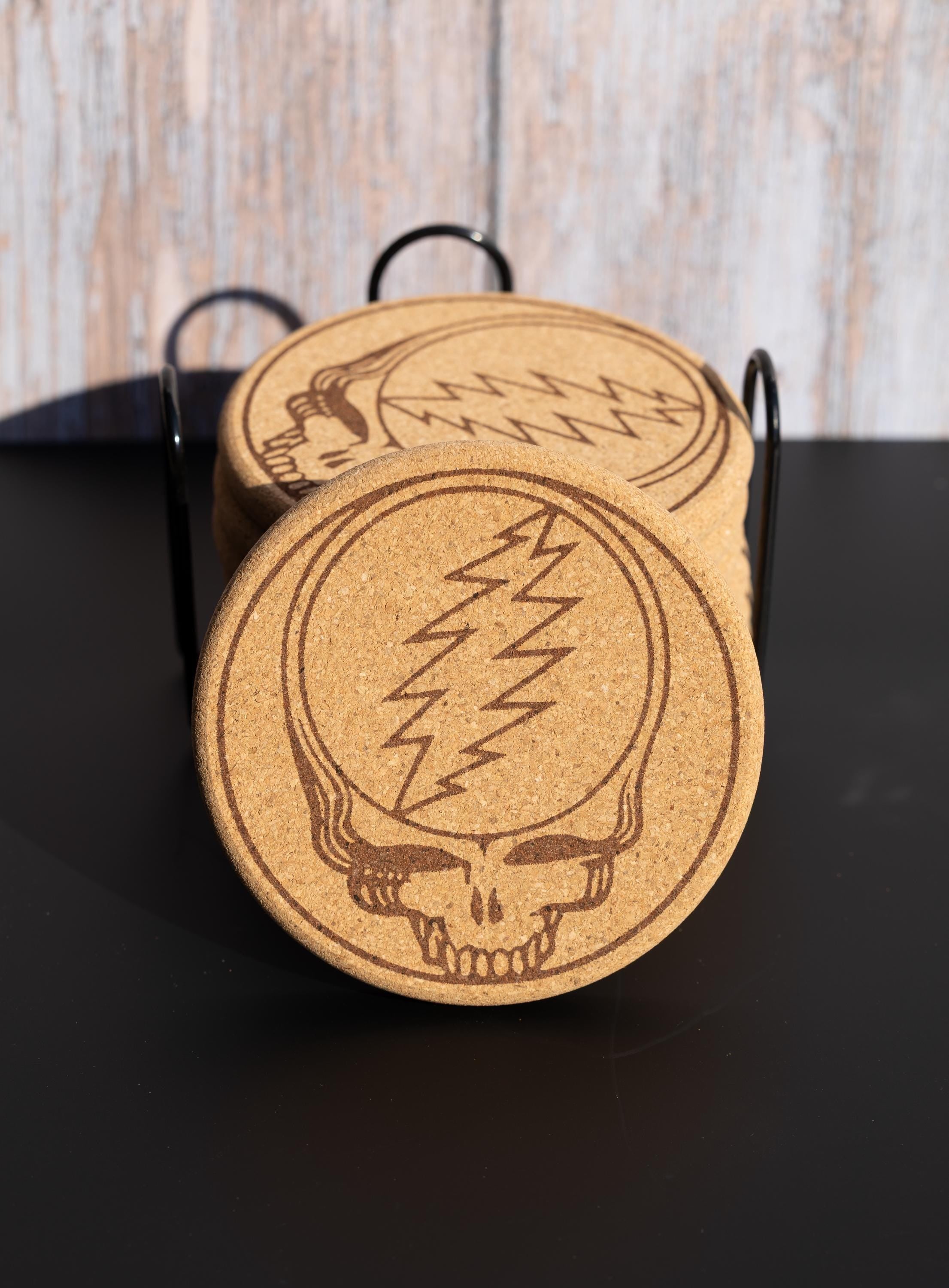 Grateful Dead Coasters – Natural Cork Set with Steal Your Face Design & Holder