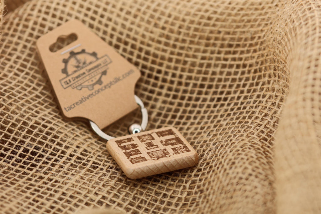 Clue Gameboard Keychain – Hardwood Laser Engraved Double Sided Engraving, Stainless Steel Ring