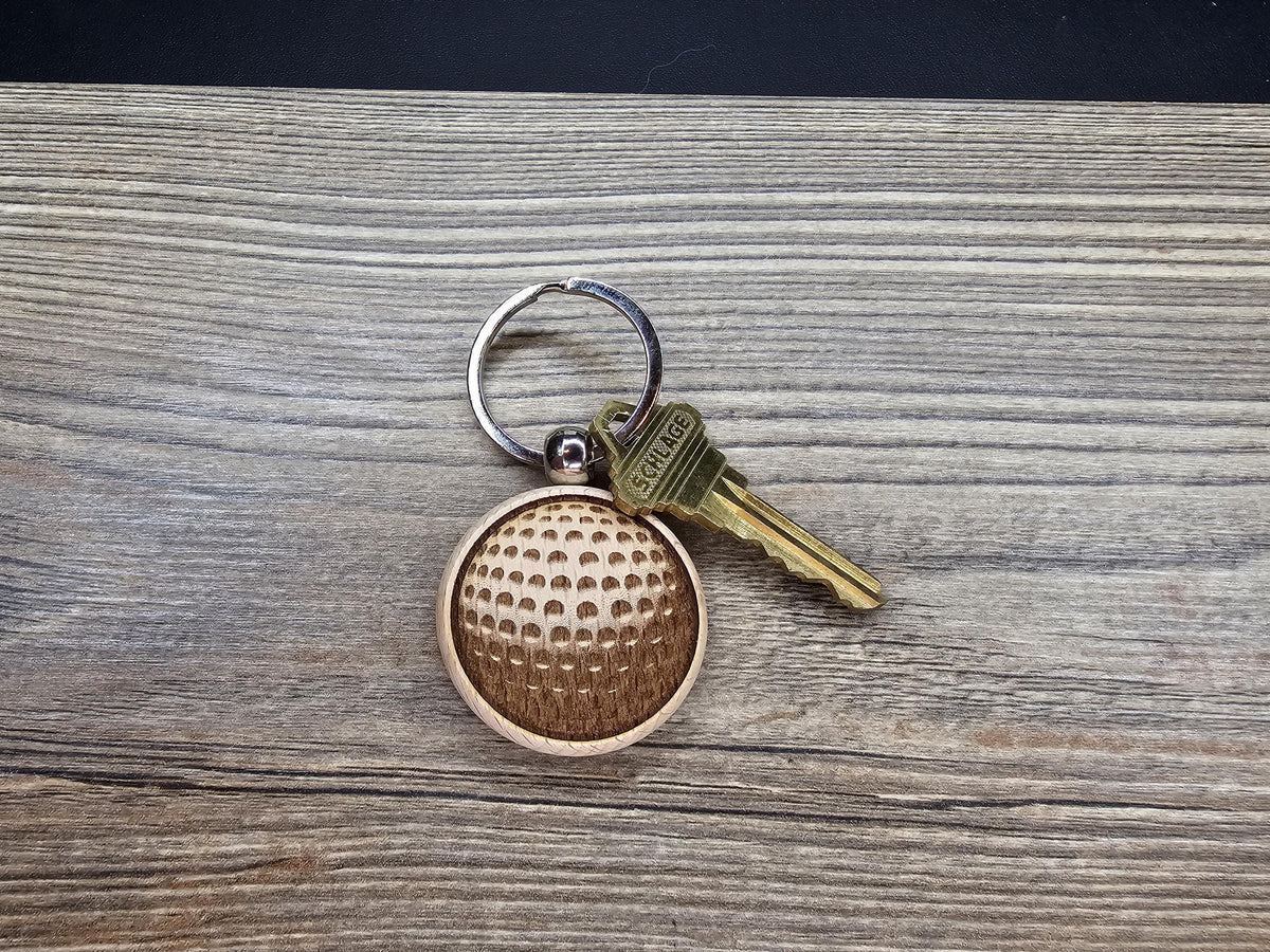 Hardwood Golf Ball Keychain – Laser Engraved Design with Stainless Steel Ring