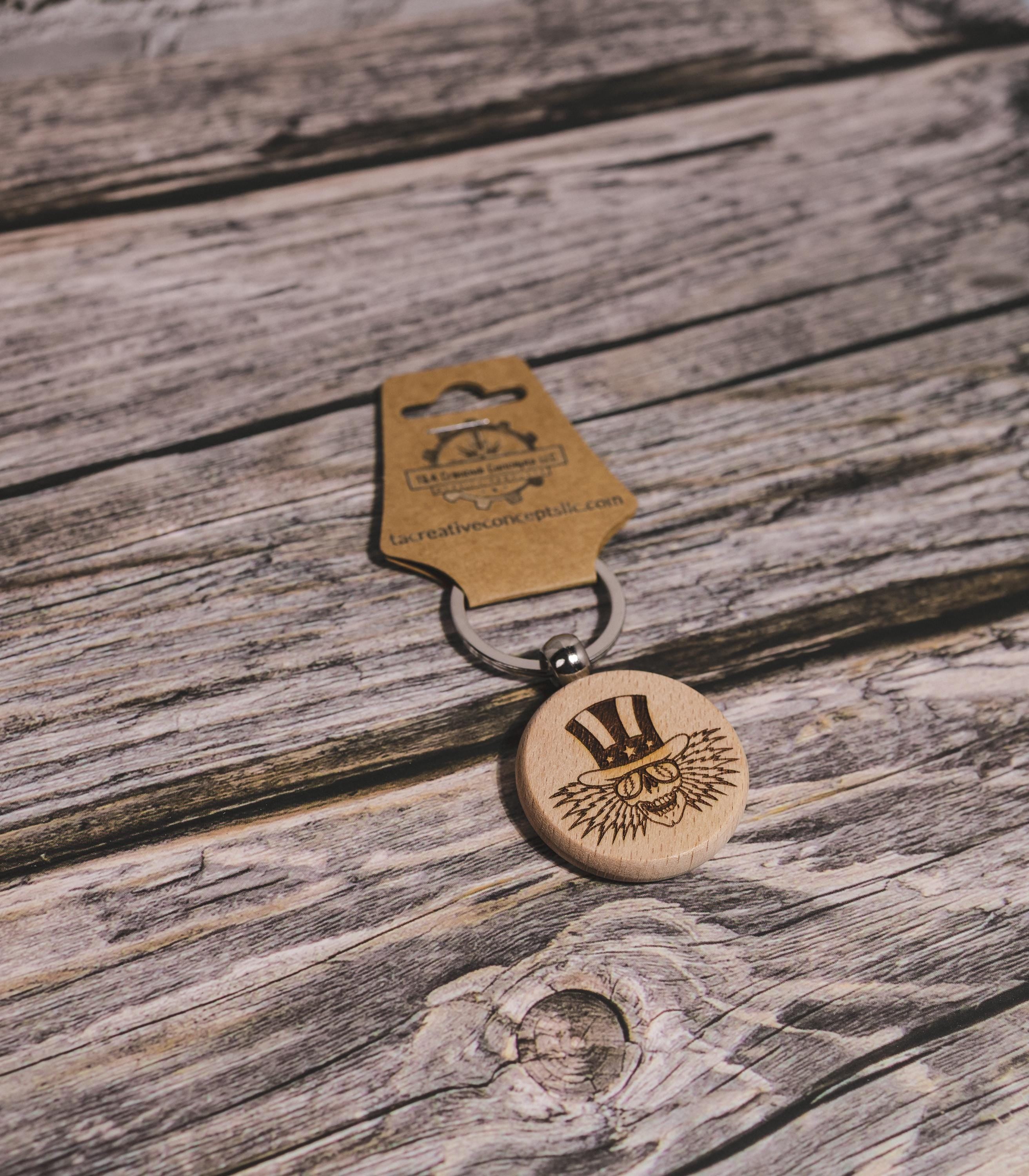 Grateful Dead Keychain – Uncle Sam Hardwood Double-Sided Engraving with Stainless Steel Ring