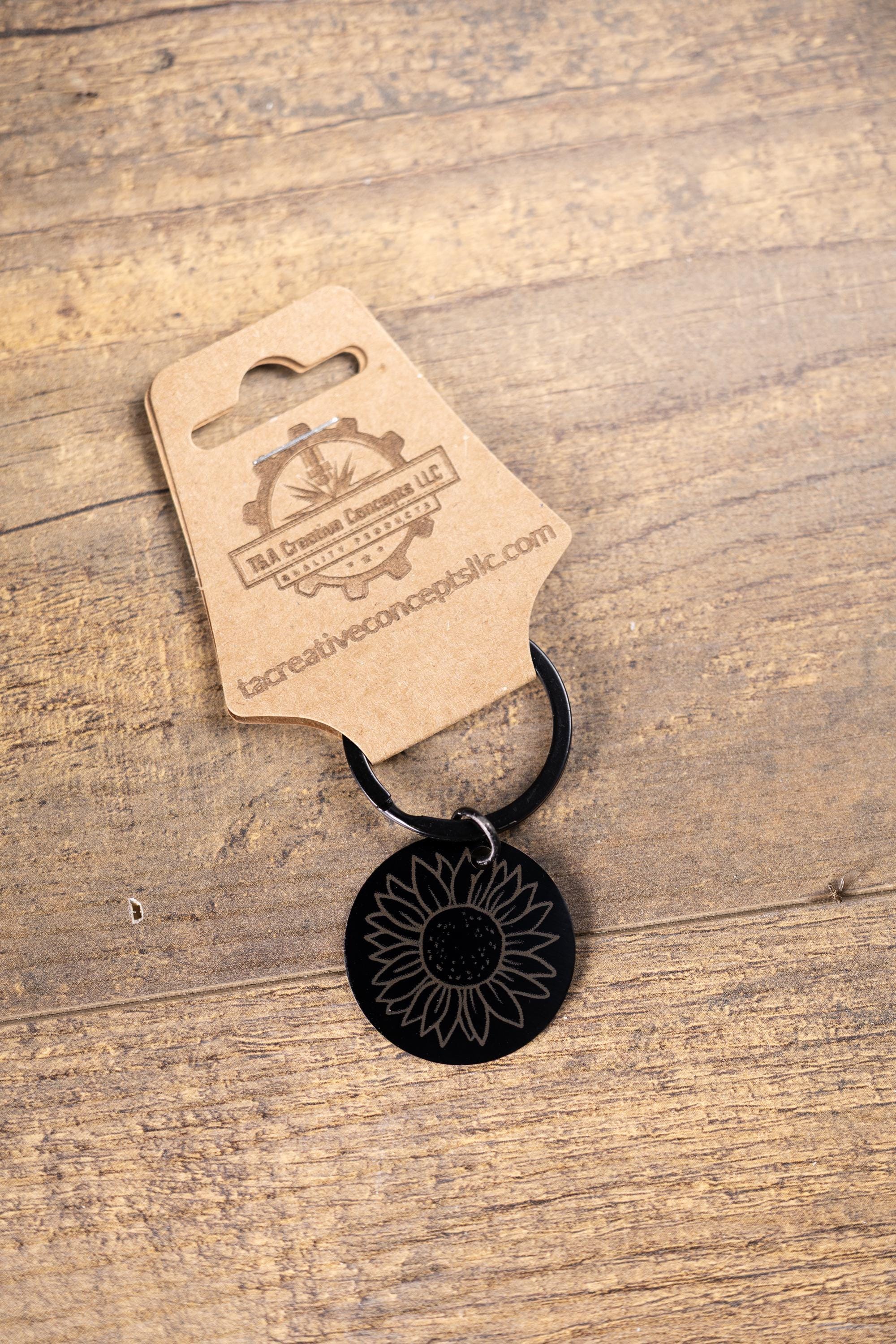 Sunflower Keychain – Black Stainless Steel, Laser Engraved Floral Design, Durable