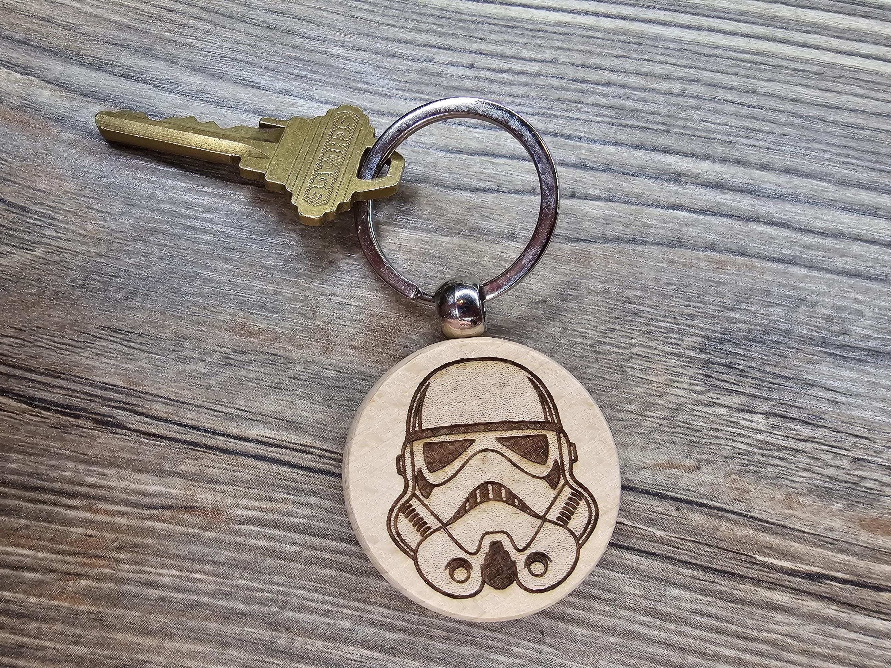 Stormtrooper Keychain - Hardwood Double-Sided Laser Engraved Design with Rust Resistant Ring