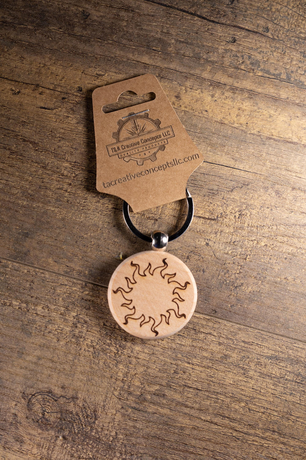 Wood Sun Keychain - Laser Engraved Solid Hardwood Charm | Stainless Steel Ring