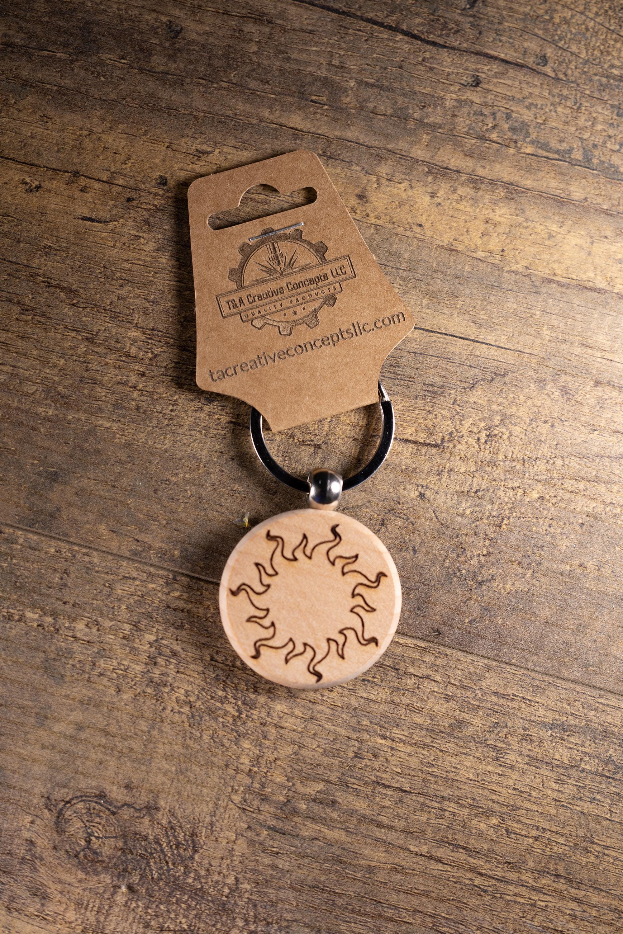 Wood Sun Keychain - Laser Engraved Solid Hardwood Charm | Stainless Steel Ring