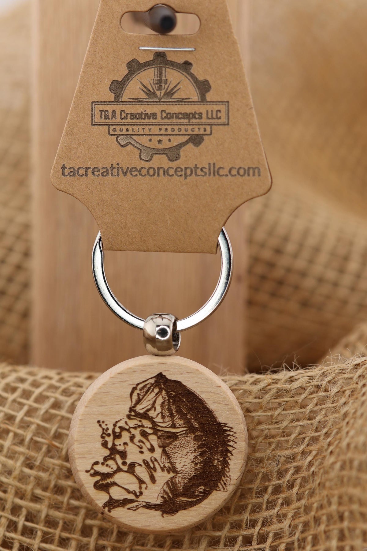 Largemouth Bass Keychain – Double Sided Engraved Hardwood With Rust Resistant Ring