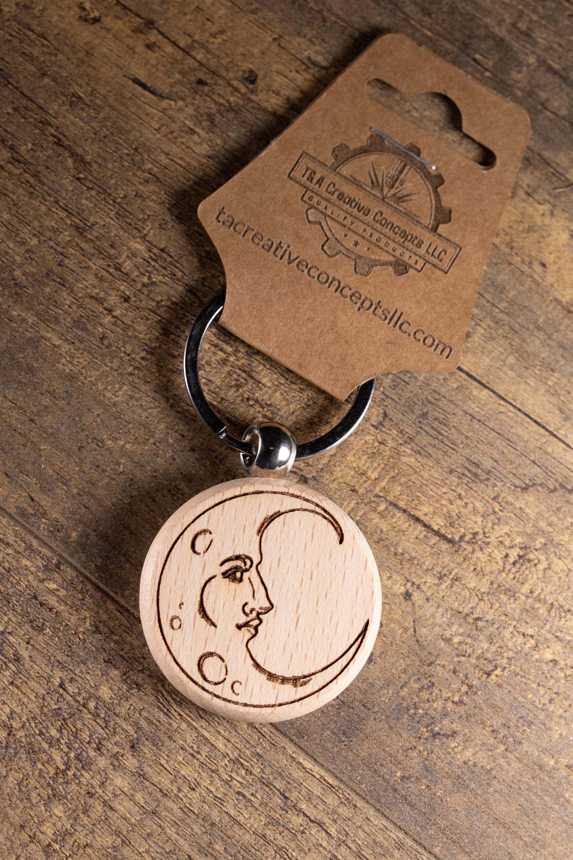 Wooden Moon Keychain – Laser Engraved Celestial Charm with Stainless Steel Hardware