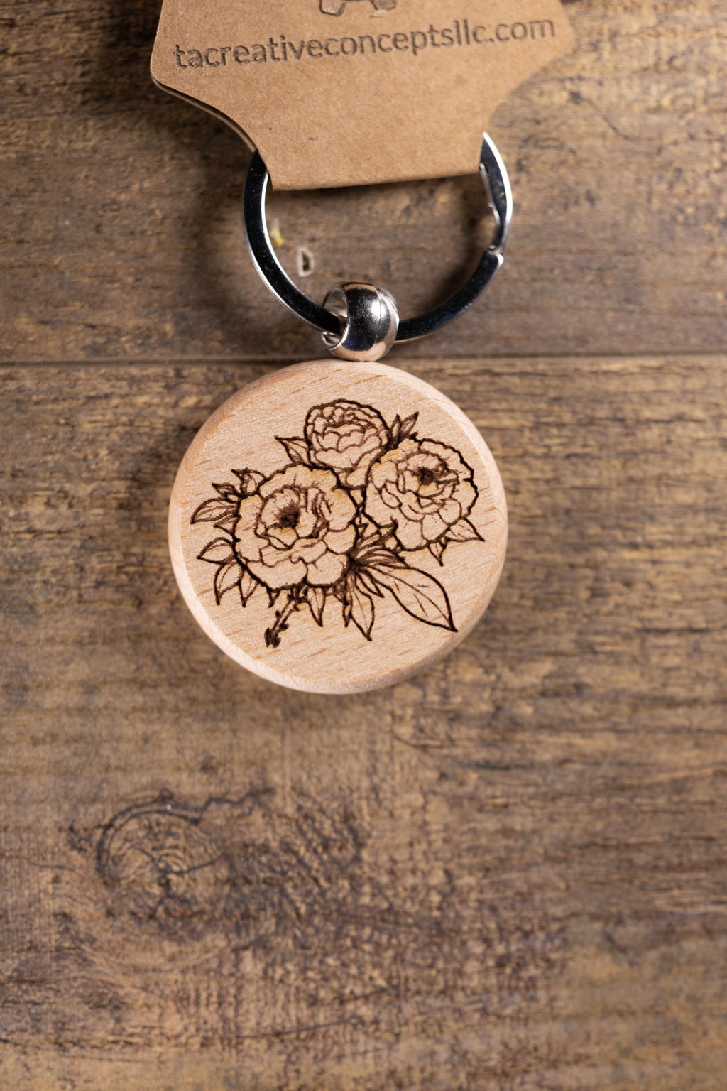 Wood Keychain – Laser Engraved Peony Bouquet Floral Charm | Maple, Cherry, Walnut