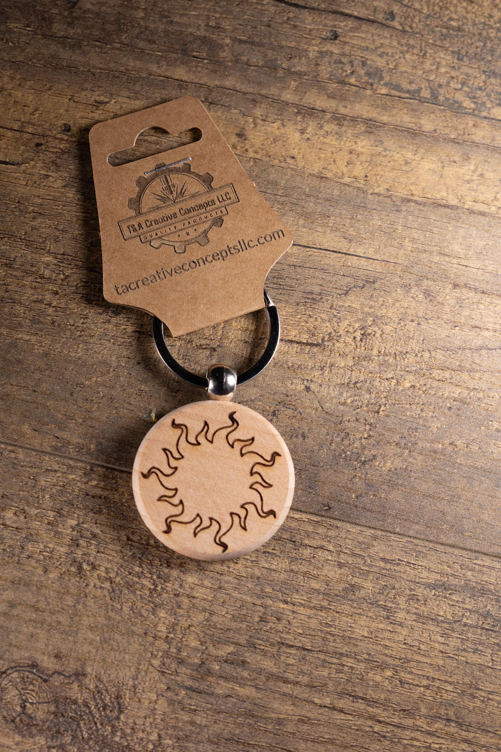 Wood Sun Keychain - Laser Engraved Solid Hardwood Charm | Stainless Steel Ring