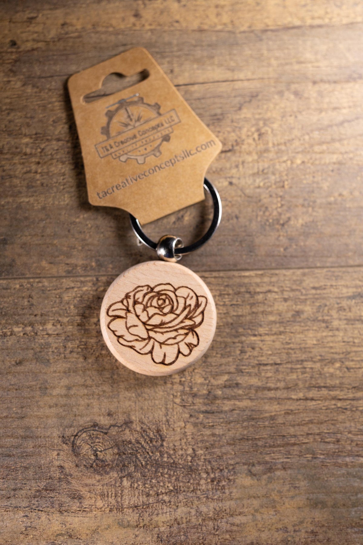 Peony Wood Keychain – Laser Engraved Floral Design | Hardwood & Stainless Steel Ring