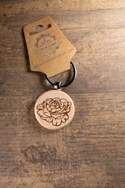 Peony Wood Keychain – Laser Engraved Floral Design | Hardwood & Stainless Steel Ring