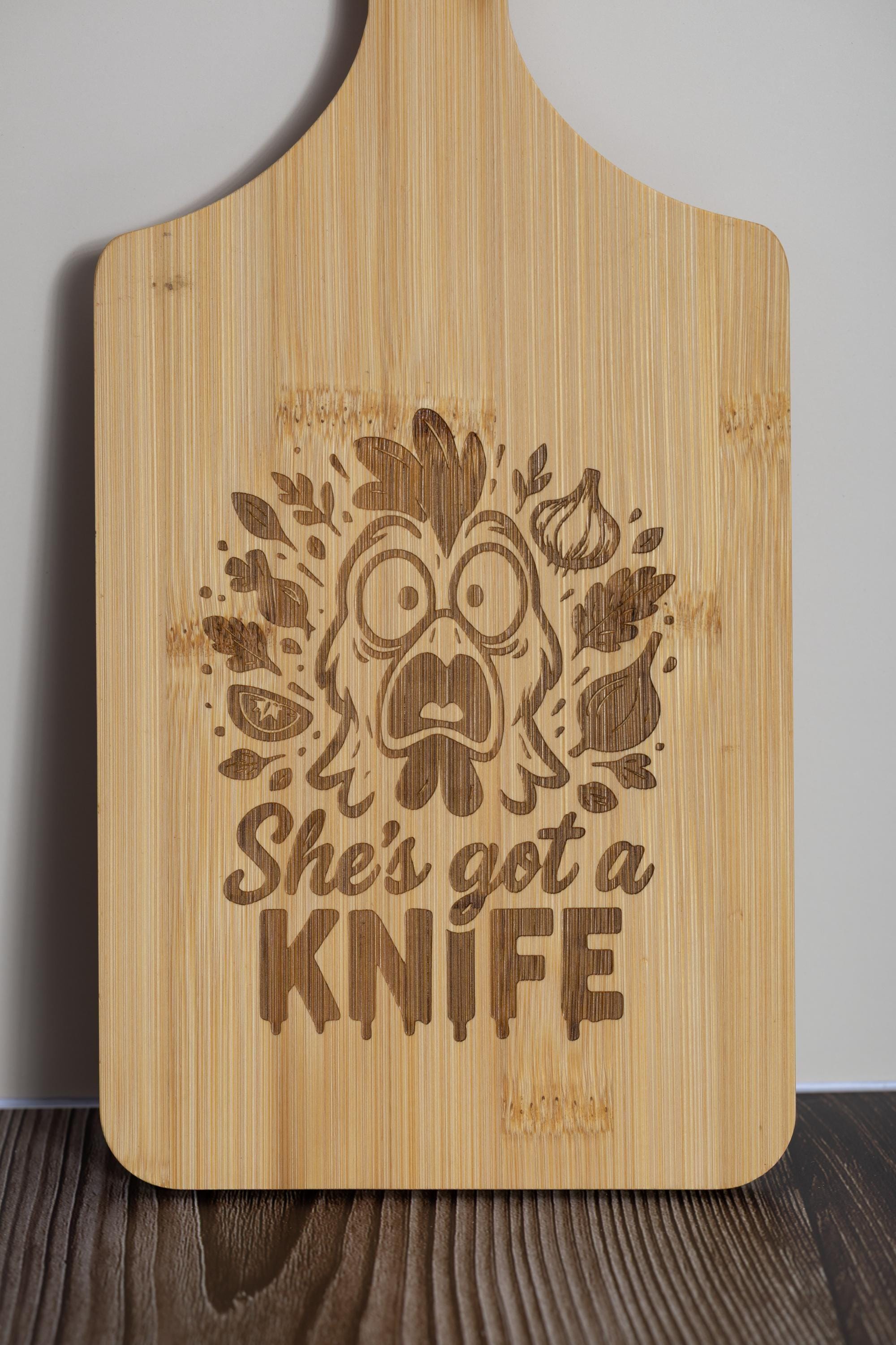 Bamboo Cutting Board – Funny 'She’s Got a Knife' Engraved, Eco Friendly Board 5x11