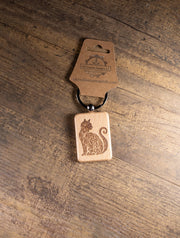 Cat Keychain – Handmade Hardwood Bag Charm with Laser Engraved Wood Design