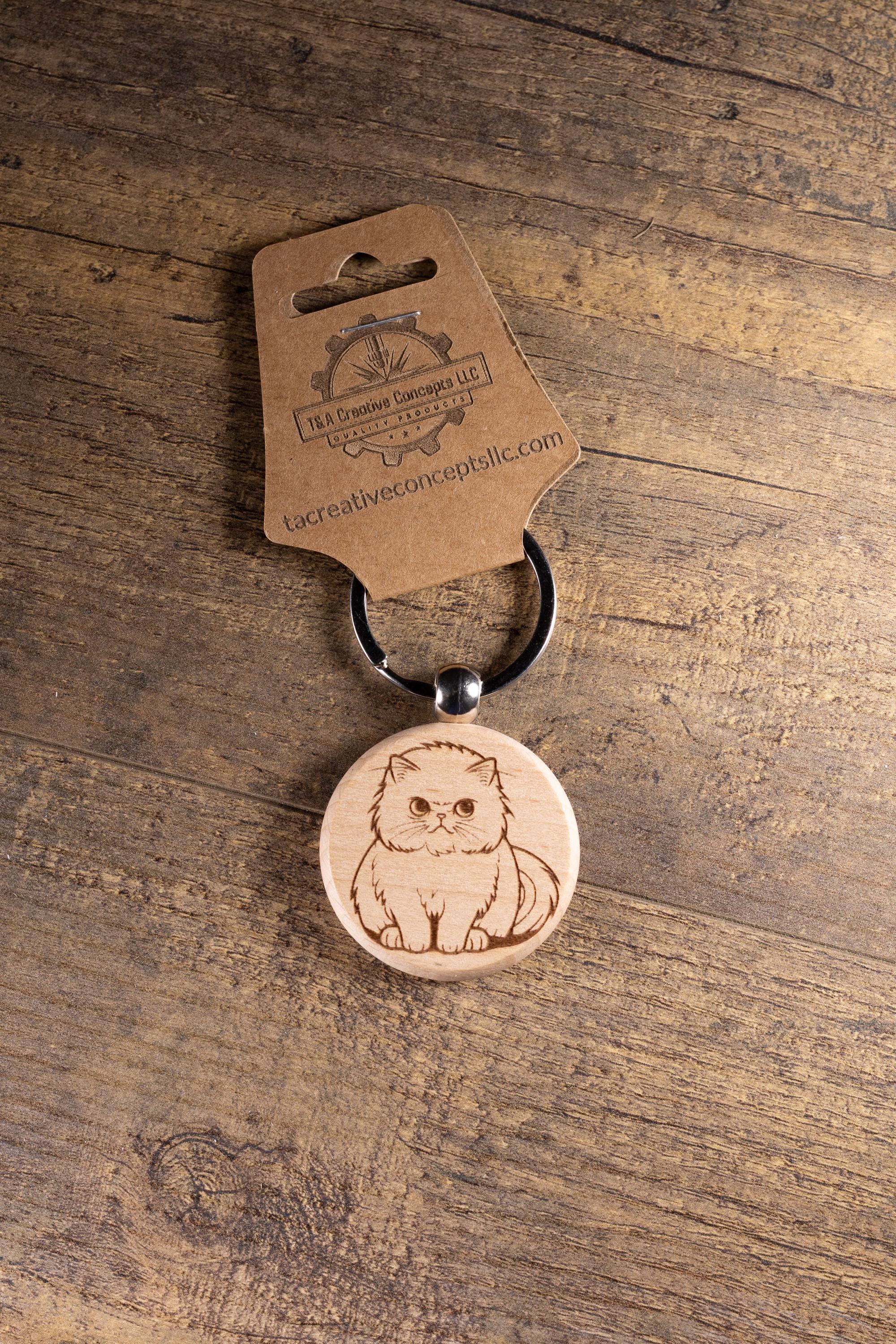 Cat Wood Keychain – Handmade Cat Charm With Laser Engraved Wood Grain