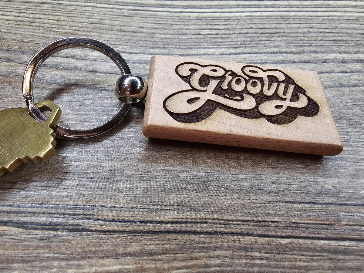 Groovy Keychain – Retro 70s Double Sided Engraved Hardwood Charm