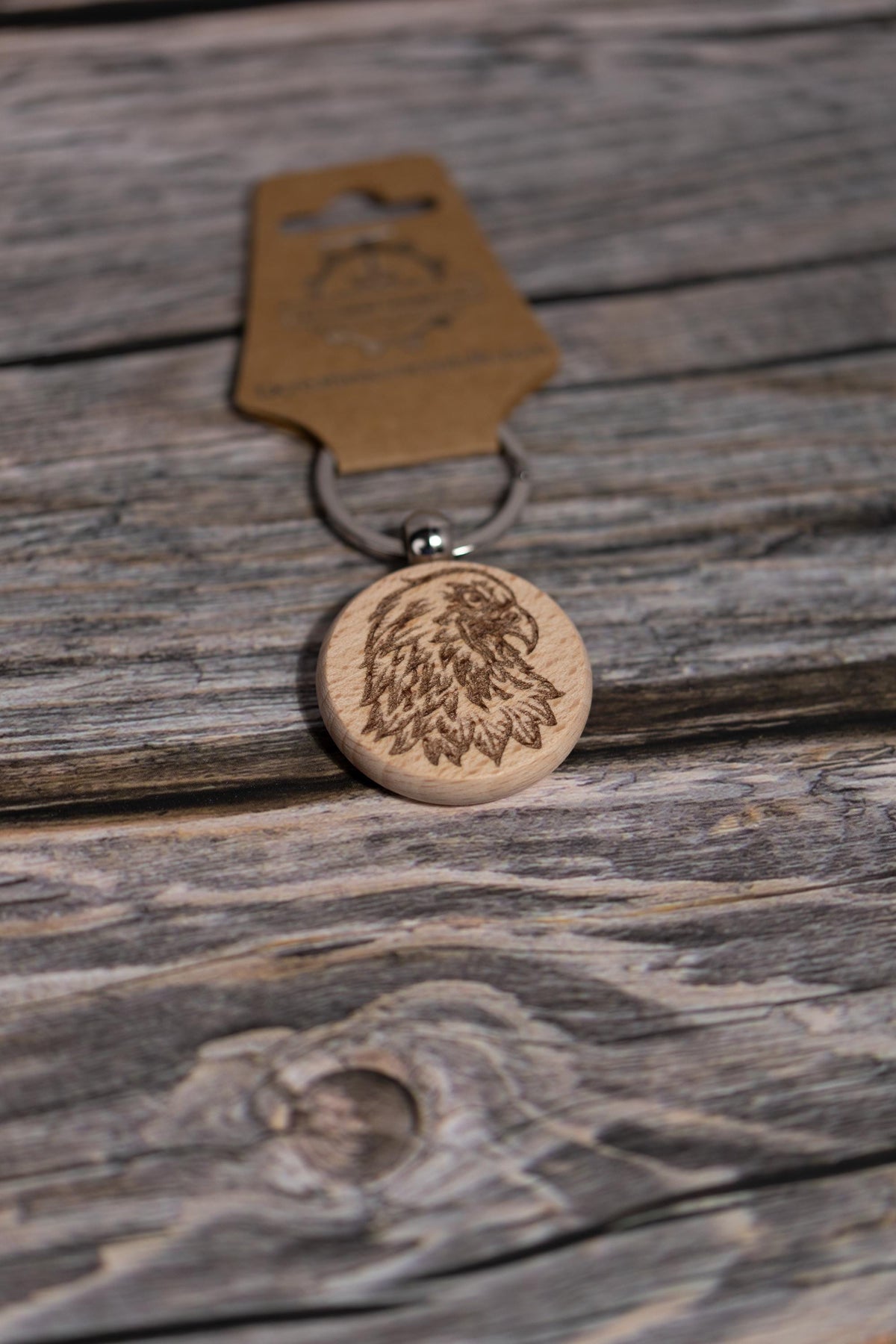 Hardwood Eagle Keychain - Rustic Laser Engraved Charm with Stainless Steel Hardware