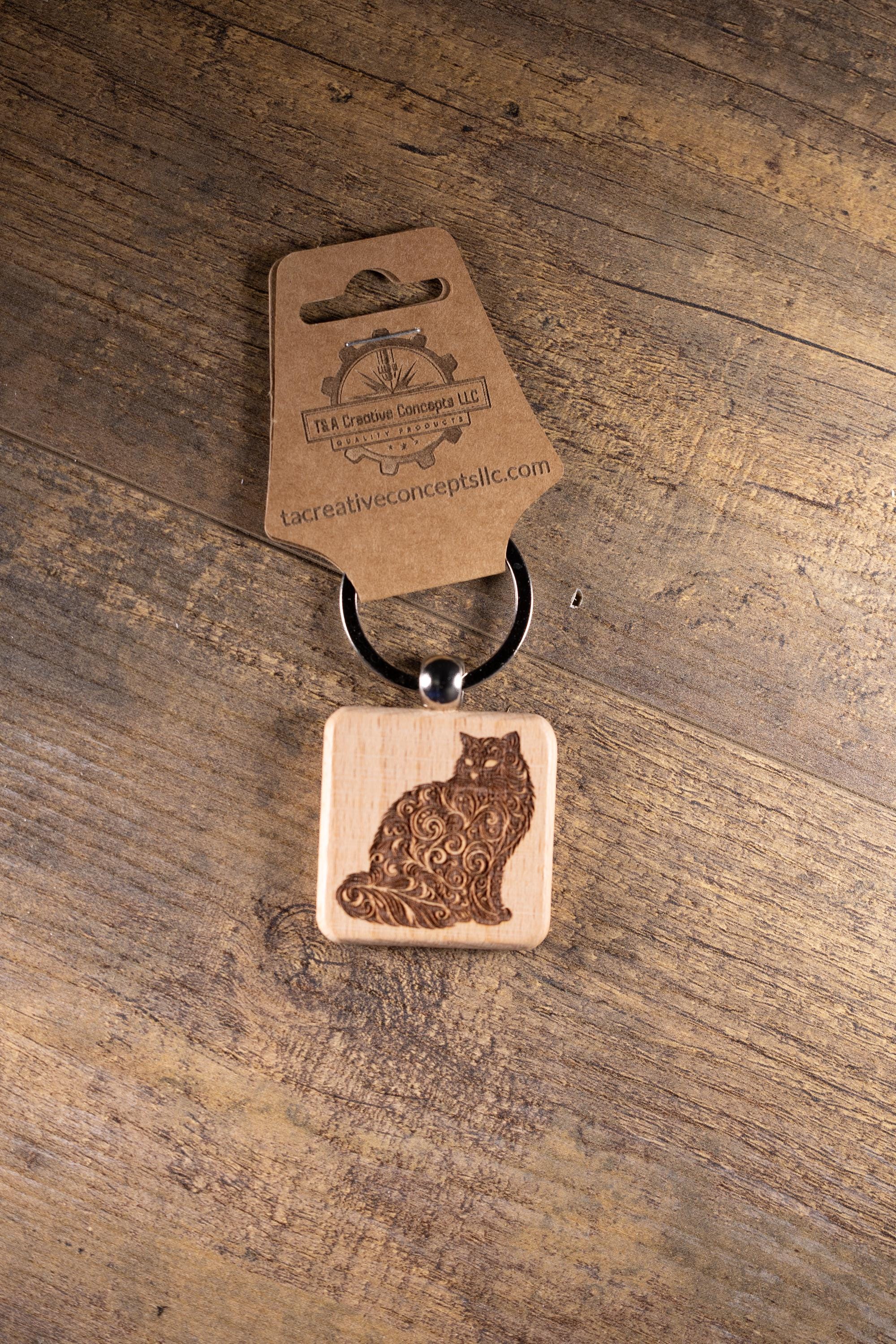 Wood Cat Keychain – Laser Engraved Hardwood | Durable Cat Pendant, Handmade Gift