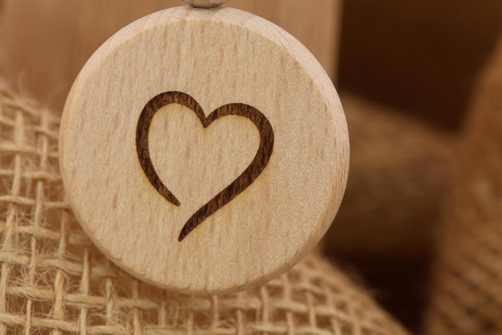 Laser Engraved Heart Keychain - Double Sided Hardwood With Rust Resistant Ring