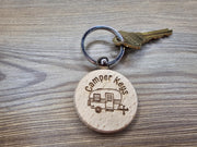 Wood Camper Keychain – Laser Engraved Double Sided Hardwood Keychain with Rust Resistant Ring