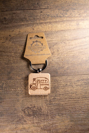 School Bus Keychain - Handmade Solid Wood Charm With Stainless Steel Ring