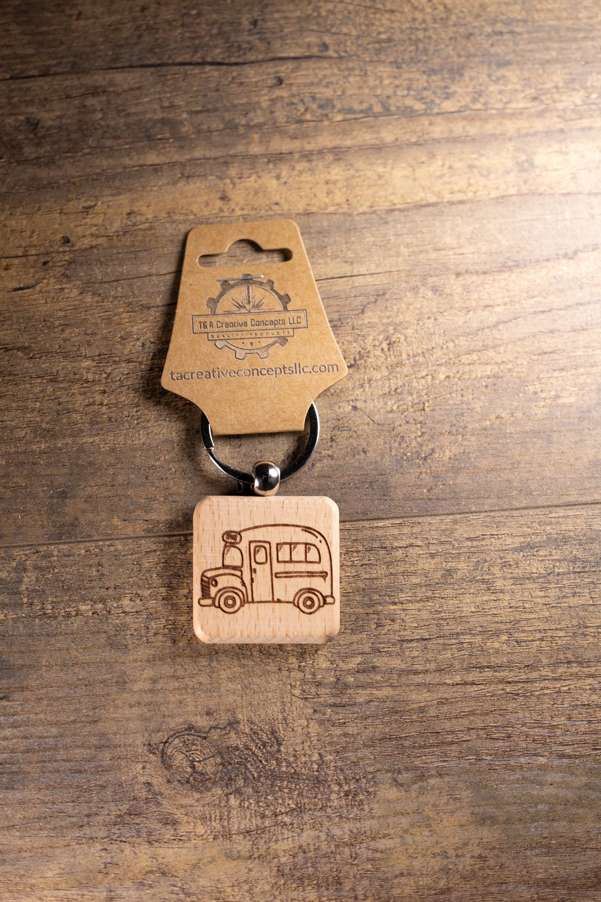 School Bus Keychain - Handmade Solid Wood Charm With Stainless Steel Ring