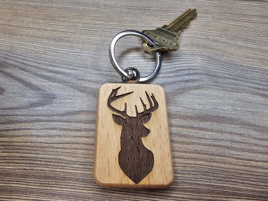 Buck Silhouette Keychain - Hardwood Laser Engraved Double Sided With Stainless Steel Ring