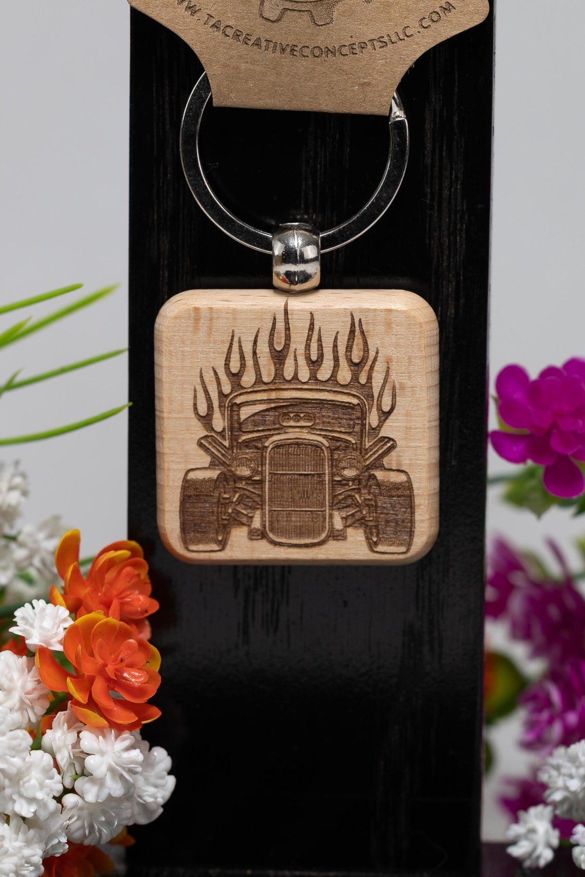 Hot Rod Keychain – Double Sided Laser Engraved Wood Key Ring | Classic Car Gift