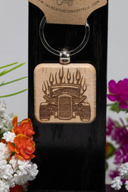 Hot Rod Keychain – Double Sided Laser Engraved Wood Key Ring | Classic Car Gift