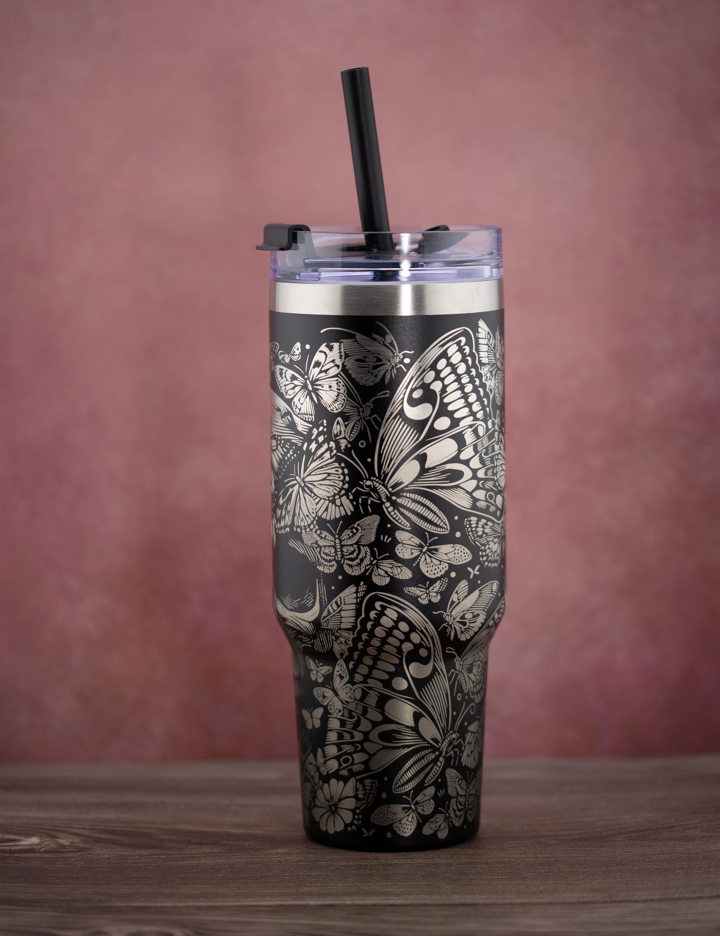 Skulls and Butterflies Tumbler – 40oz Double Wall Insulated Cup | Stainless Steel, Straw Lid