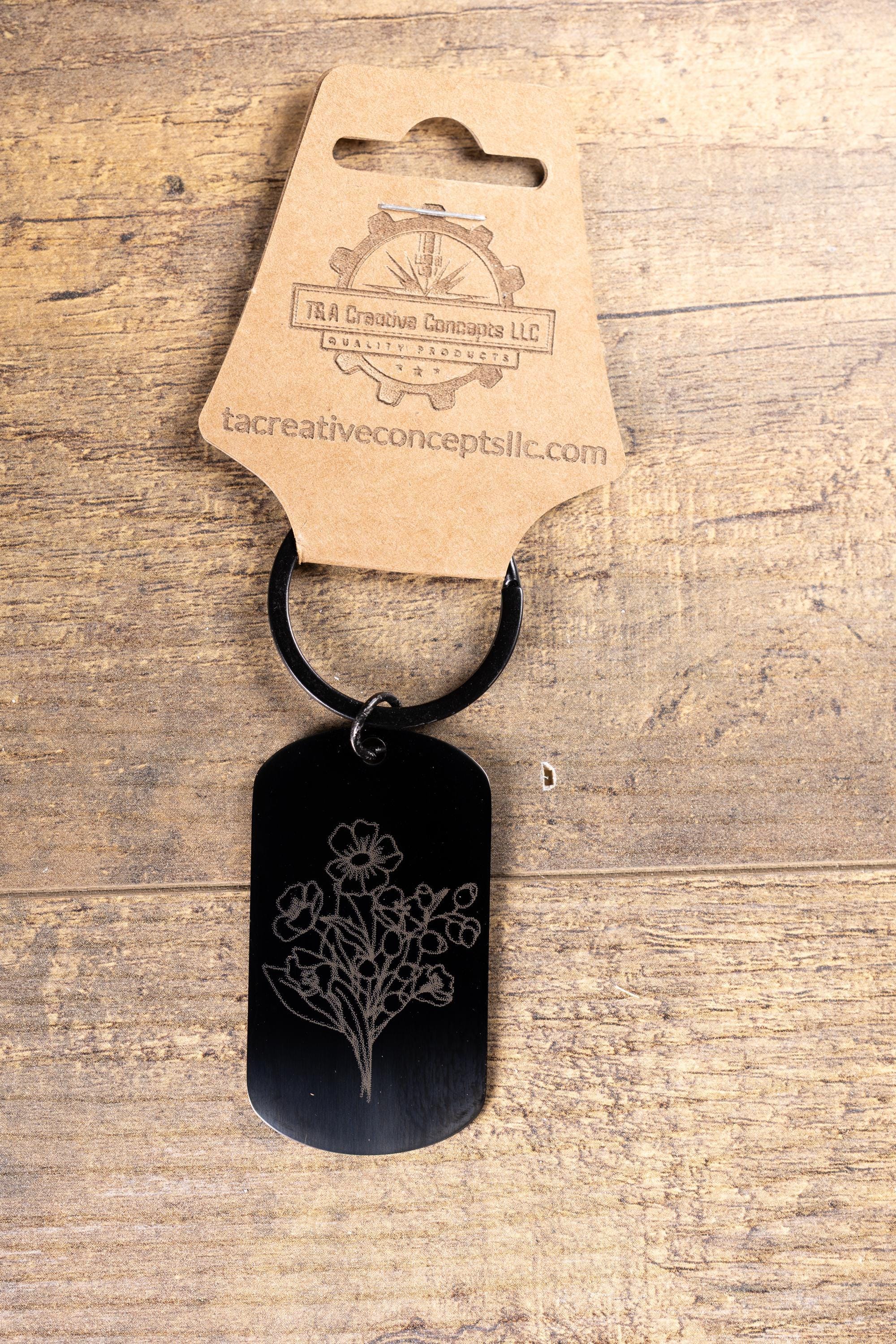 Black Stainless Steel Keychain – Floral Engraved Design | Fade Resistant, Matte Finish