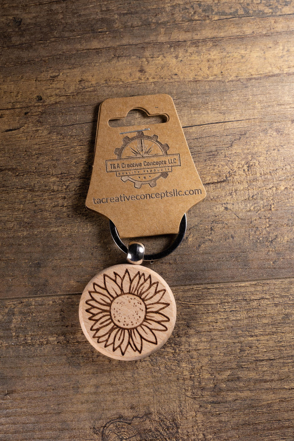 Sunflower Keychain – Laser Engraved Wood Hardwood Accessory with Stainless Steel Hardware