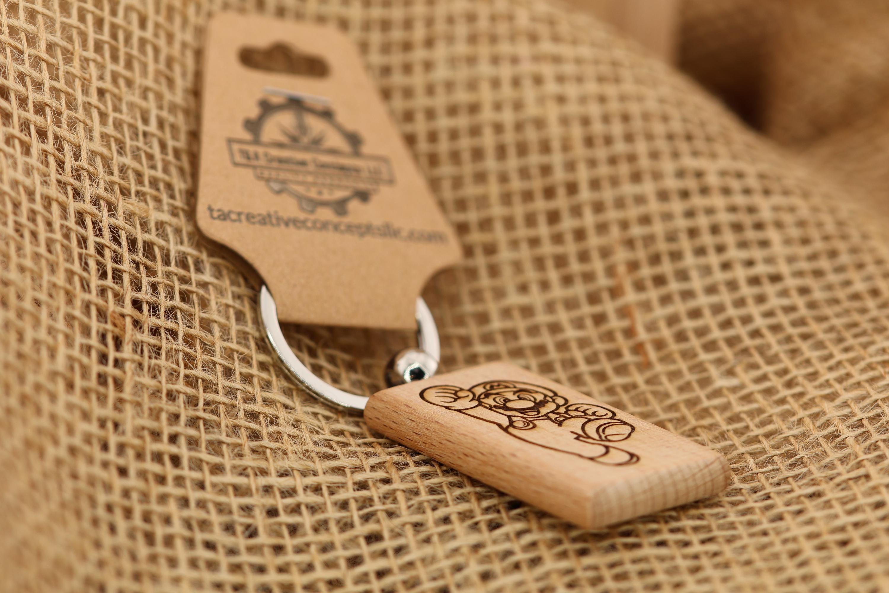 Mario Hardwood Keychain – Double Sided Engraved Hardwood with Stainless Steel Ring