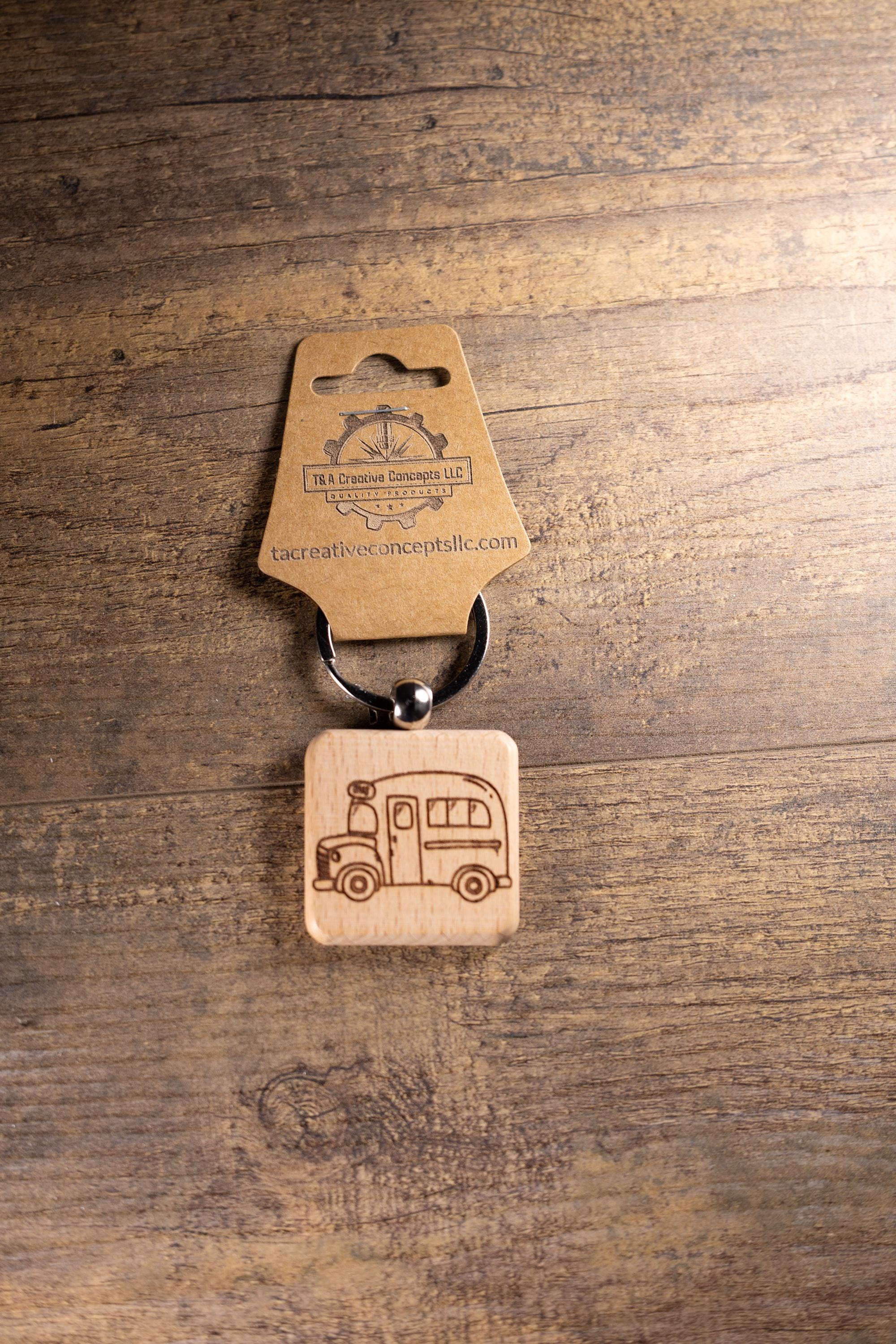 School Bus Keychain - Handmade Solid Wood Charm With Stainless Steel Ring