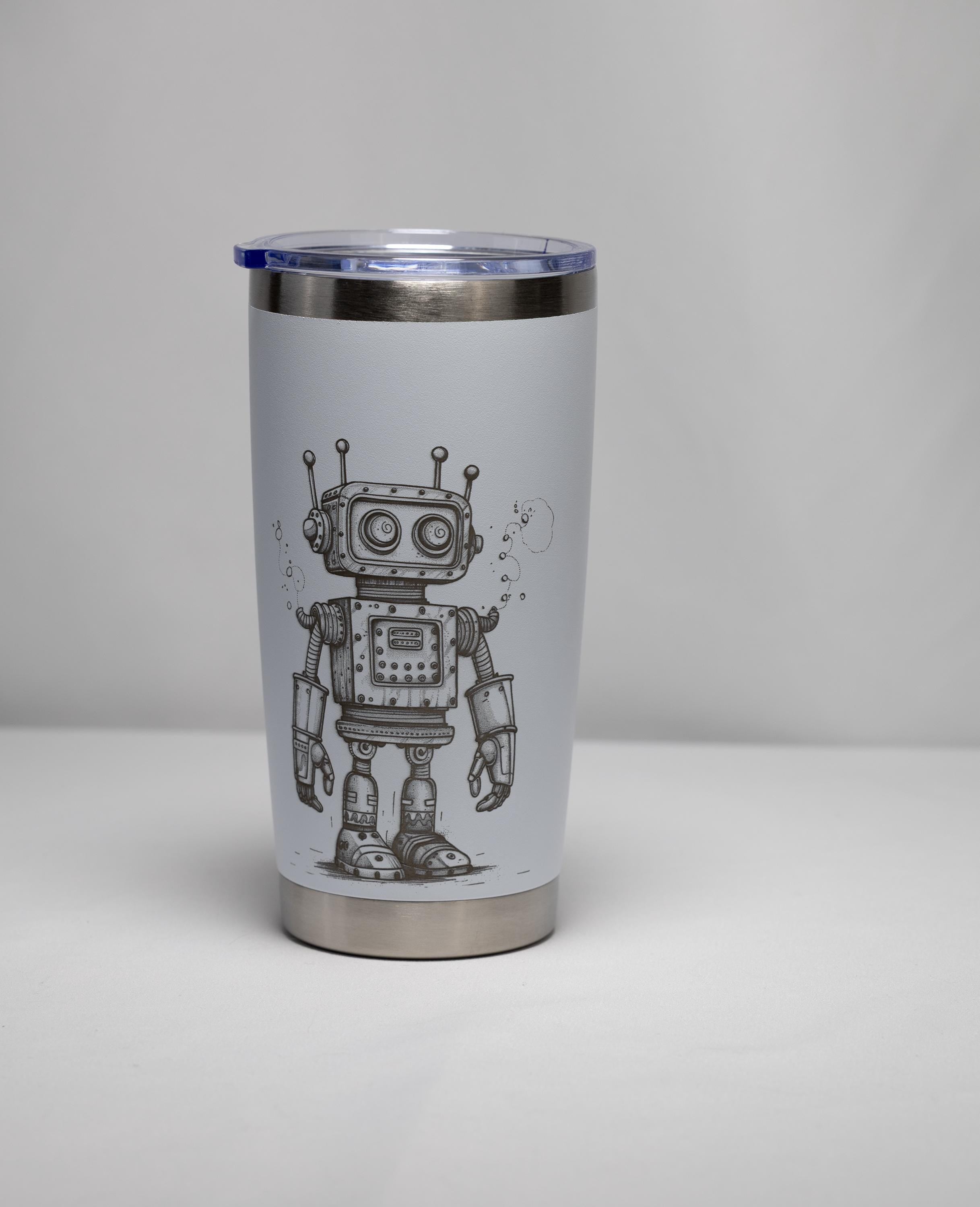 Retro Robot Tumbler – 20 oz Stainless Steel Cup with Laser Engraved Design