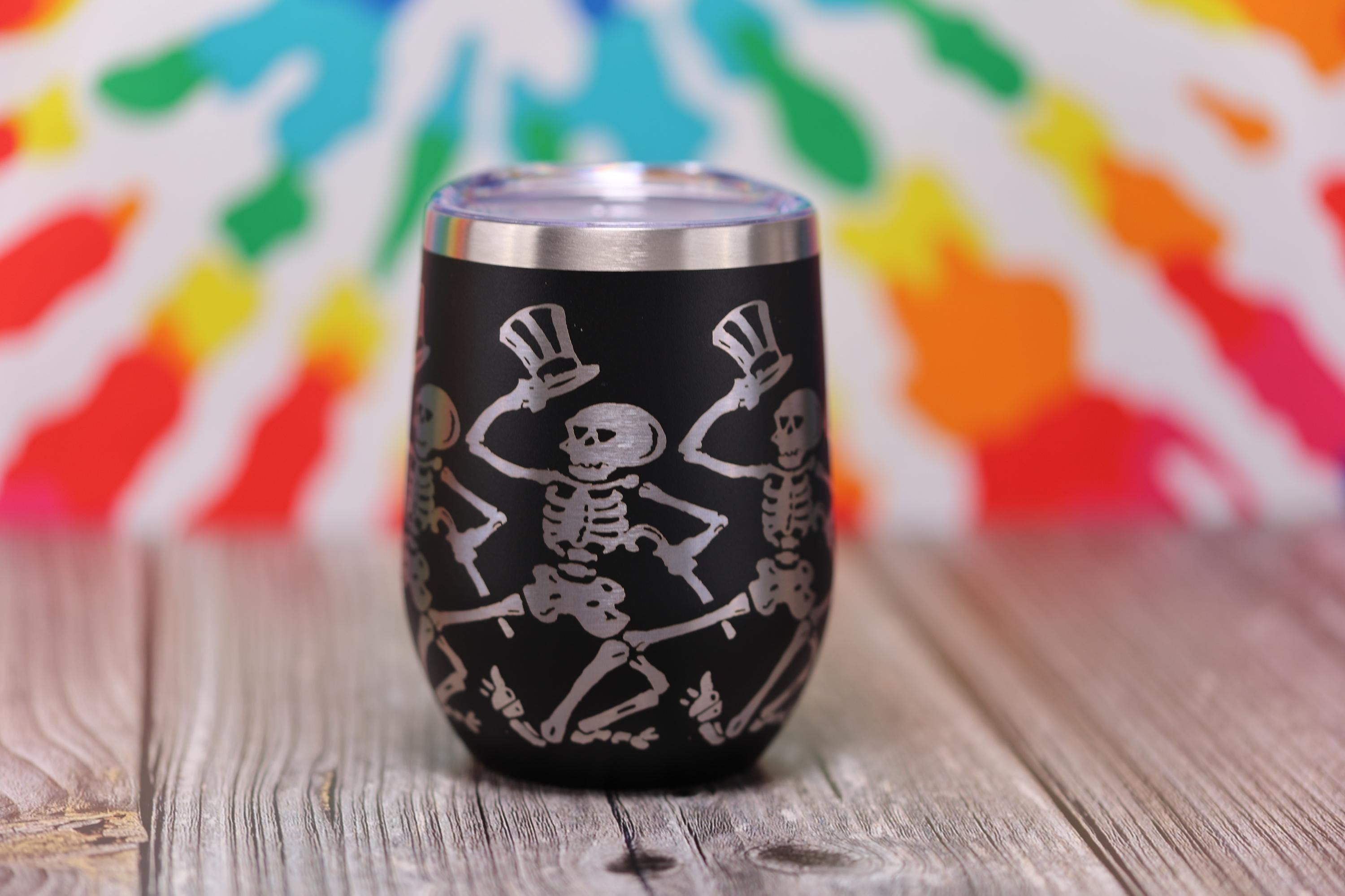 Dancing Skeleton Wine Tumbler - Laser Engraved, Double Wall Vacuum Cup, Custom Color