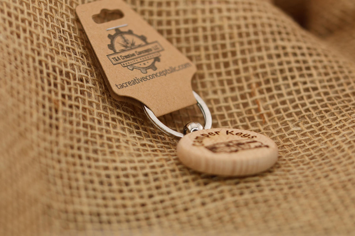 Camper Wood Keychain - Double Sided Design | Natural Hardwood Charm & Rust Resistant Ring